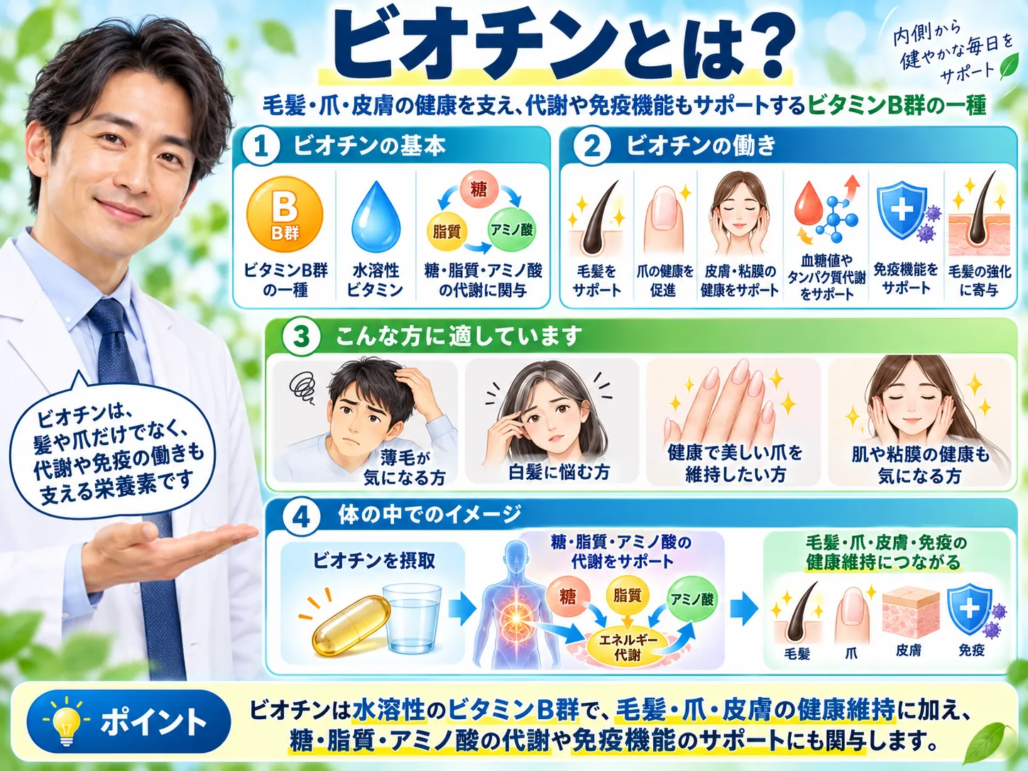 ビオチンは、毛髪や爪の健康を促進するほか、血糖値やタンパク質代謝をサポートするとされています。 ビオチンは、毛髪や爪の健康を促進するほか、血糖値やタンパク質代謝をサポートするとされています。