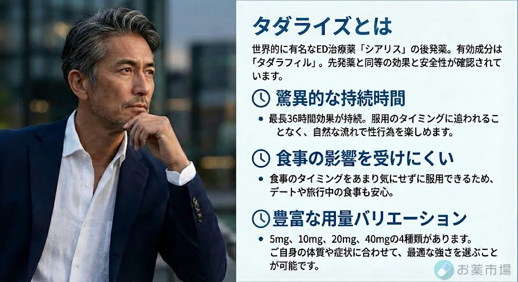 タダライズとは。最長36時間持続するシアリスジェネリックED治療薬