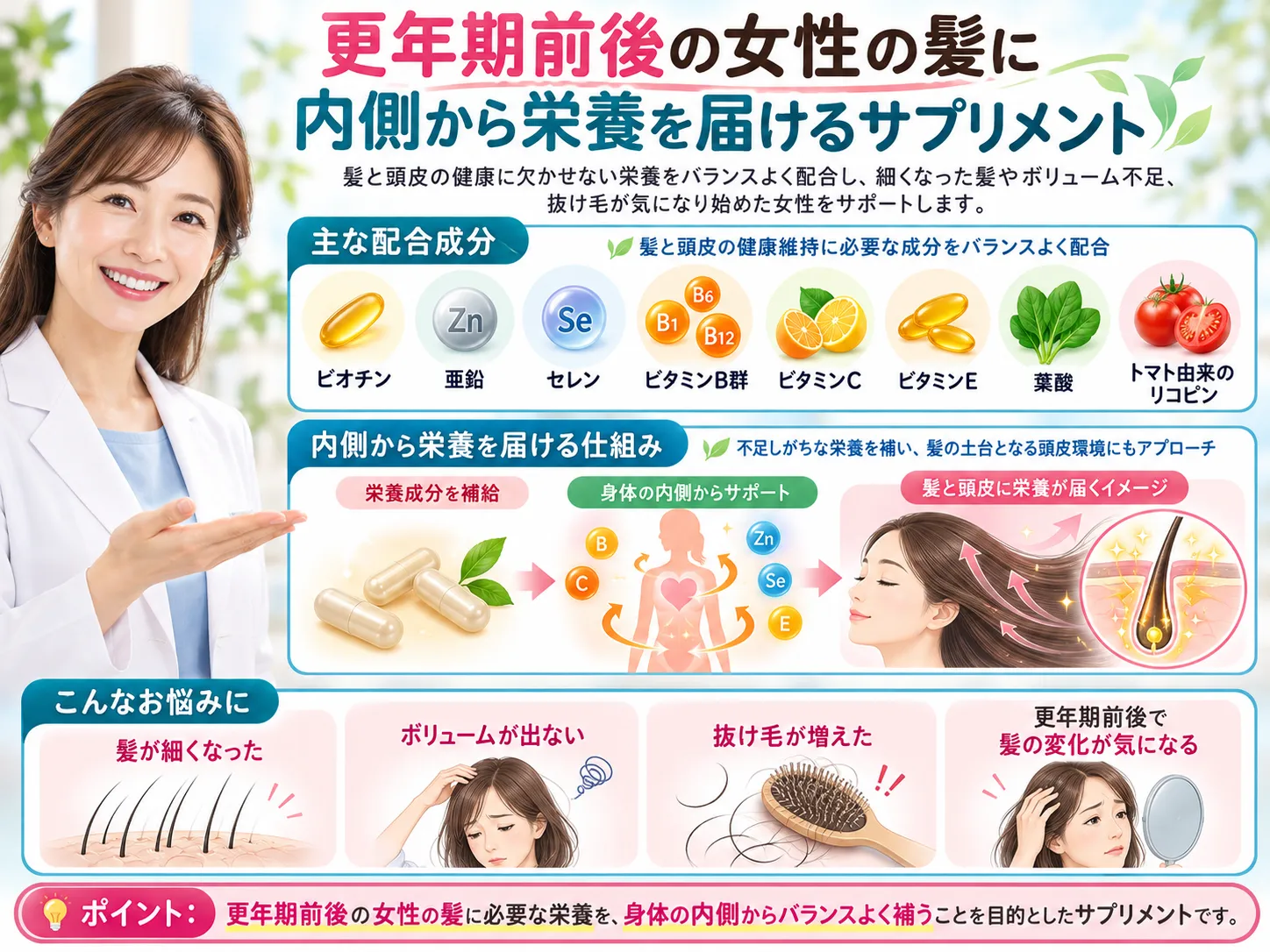 更年期前後の女性の髪に、身体の内側から栄養を届ける 更年期前後の女性の髪に、身体の内側から栄養を届ける更年期前後の女性の髪に、身体の内側から栄養を届ける
