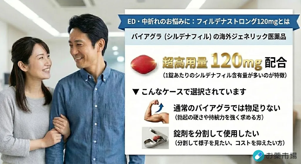 ED・中折れのお悩みに　フィルデナストロング120mgとは バイアグラ（シルデナフィル）の海外ジェネリック医薬品  超高用量 120mg 配合 （1錠あたりのシルデナフィル含有量が多いのが特徴）  【こんなケースで選択されています