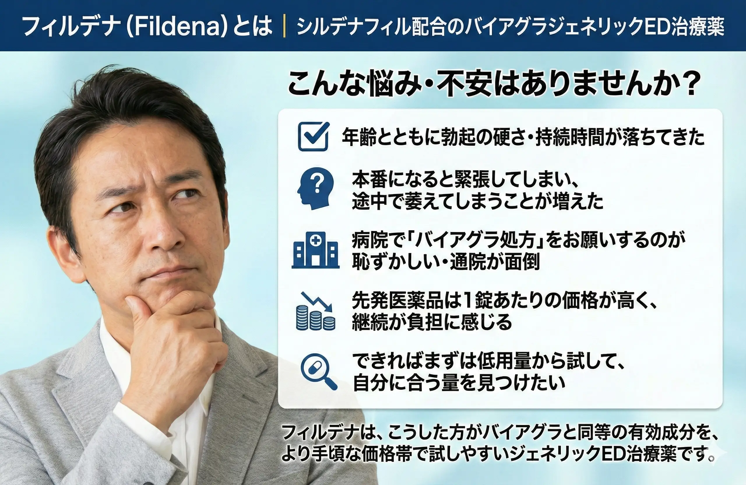 フィルデナ(Fildena)とは|シルデナフィル配合のバイアグラジェネリックED治療薬 フィルデナ(Fildena)とは|シルデナフィル配合のバイアグラジェネリックED治療薬